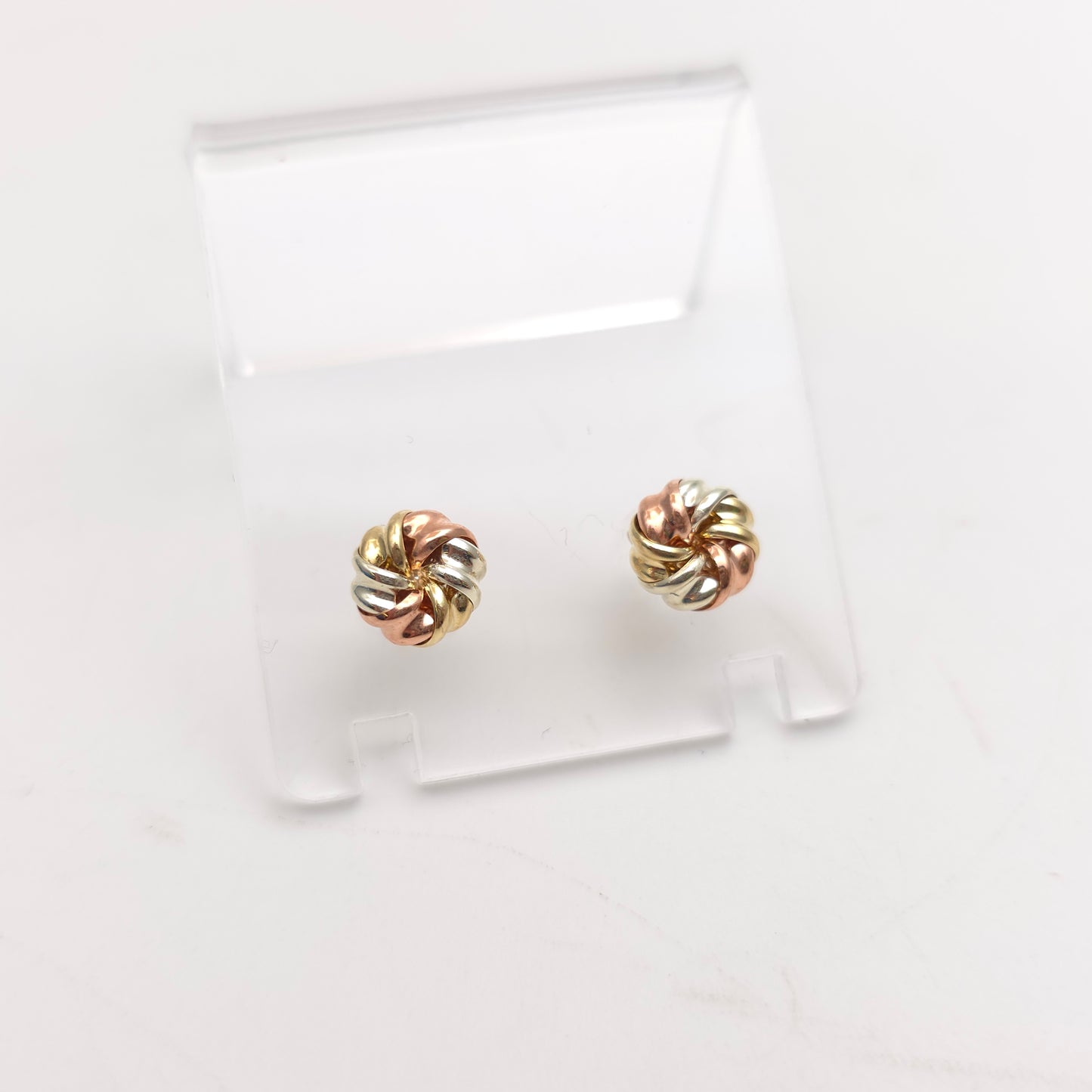 9ct Tri-Colour Yellow , White And Rose Gold Swirly Knot Style Stud Earrings