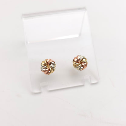 9ct Tri-Colour Yellow , White And Rose Gold Swirly Knot Style Stud Earrings
