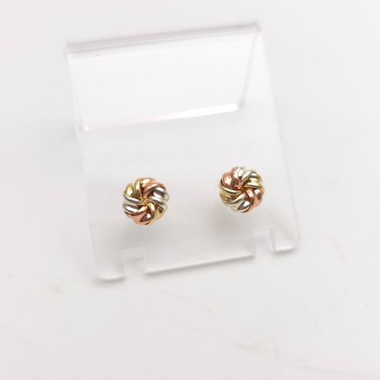 9ct Tri-Colour Yellow , White And Rose Gold Swirly Knot Style Stud Earrings