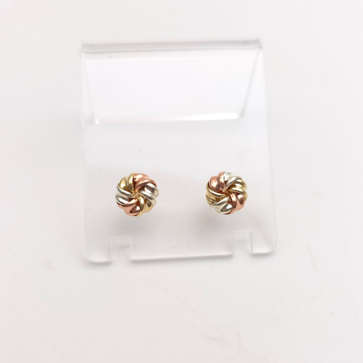 9ct Tri-Colour Yellow , White And Rose Gold Swirly Knot Style Stud Earrings