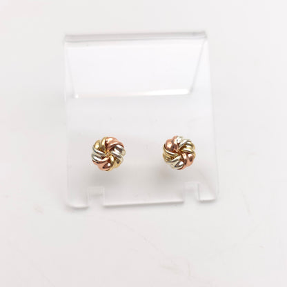 9ct Tri-Colour Yellow , White And Rose Gold Swirly Knot Style Stud Earrings