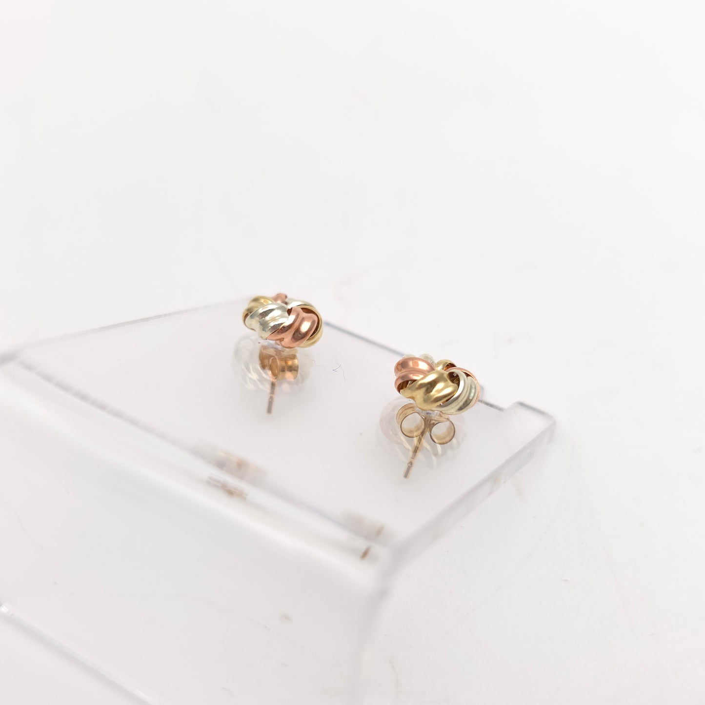 9ct Tri-Colour Yellow , White And Rose Gold Swirly Knot Style Stud Earrings