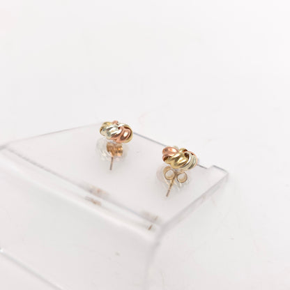 9ct Tri-Colour Yellow , White And Rose Gold Swirly Knot Style Stud Earrings