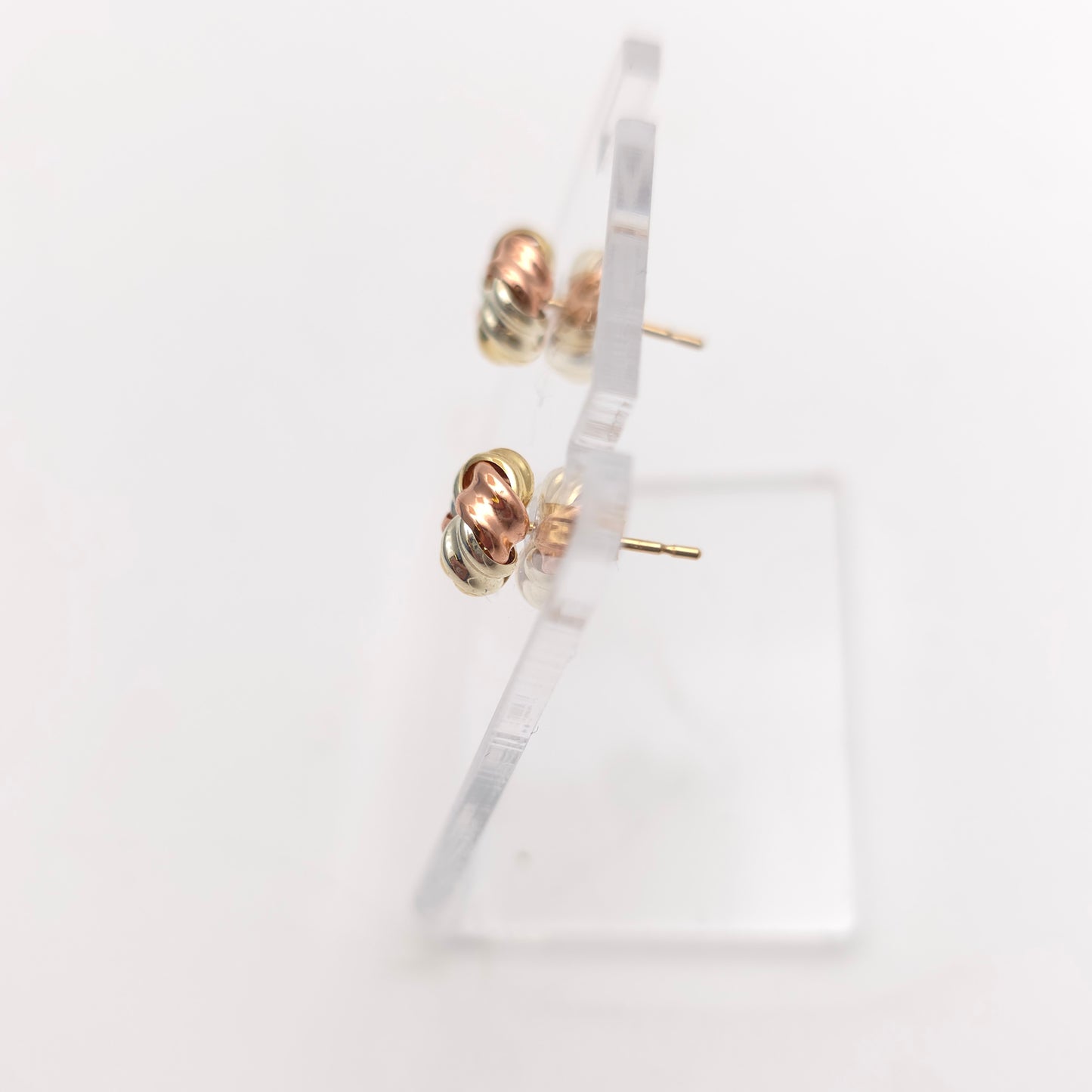 9ct Tri-Colour Yellow , White And Rose Gold Swirly Knot Style Stud Earrings