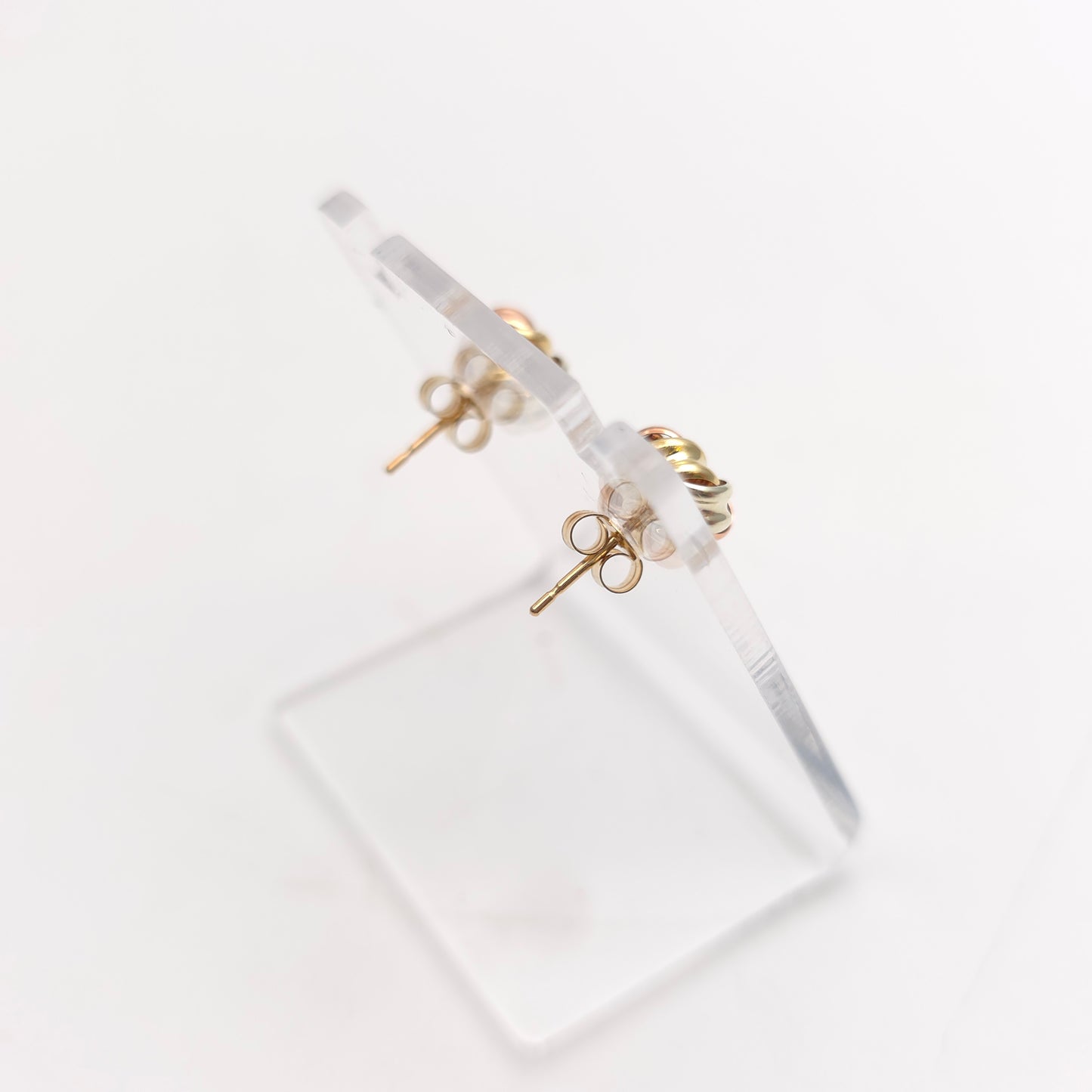 9ct Tri-Colour Yellow , White And Rose Gold Swirly Knot Style Stud Earrings