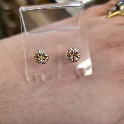 9ct Tri-Colour Yellow , White And Rose Gold Swirly Knot Style Stud Earrings
