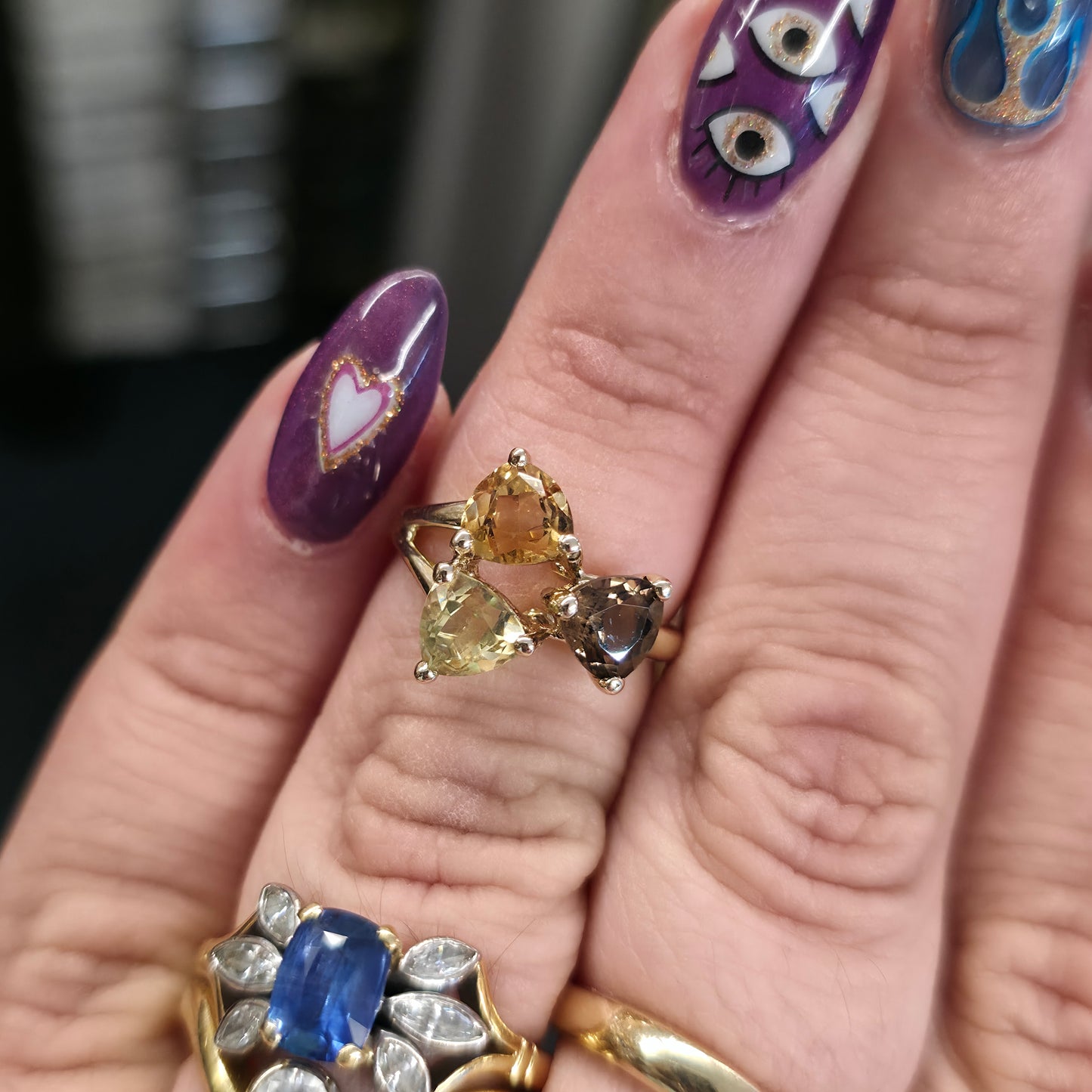 9ct Yellow Gold Vintage Peridot, Citrine And Smoky Quartz Abstract Trilogy Ring