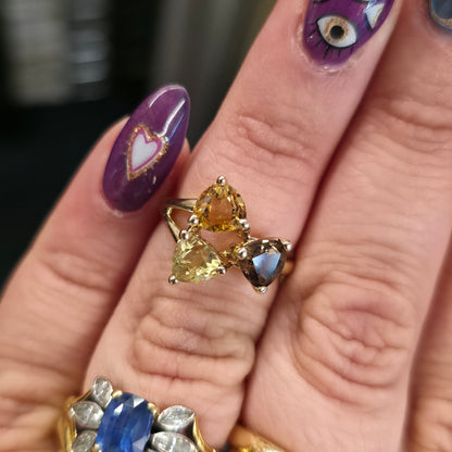 9ct Yellow Gold Vintage Peridot, Citrine And Smoky Quartz Abstract Trilogy Ring