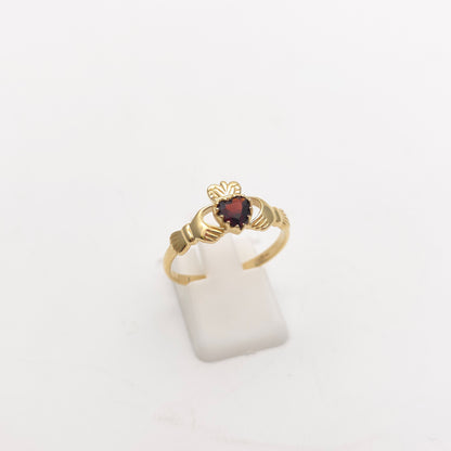 9ct Yellow Gold Traditional Heart Cut Garnet Set Claddagh Vintage Ring
