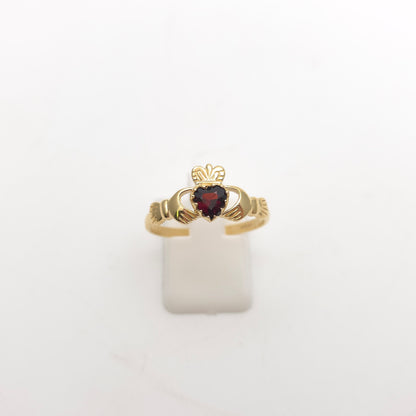 9ct Yellow Gold Traditional Heart Cut Garnet Set Claddagh Vintage Ring