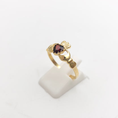 9ct Yellow Gold Traditional Heart Cut Garnet Set Claddagh Vintage Ring