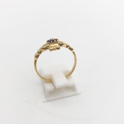 9ct Yellow Gold Traditional Heart Cut Garnet Set Claddagh Vintage Ring
