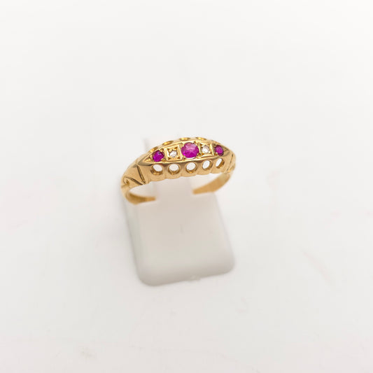 18ct Yellow Gold Antique Synthetic Ruby and Diamond Boat Ring Birmingham 1918
