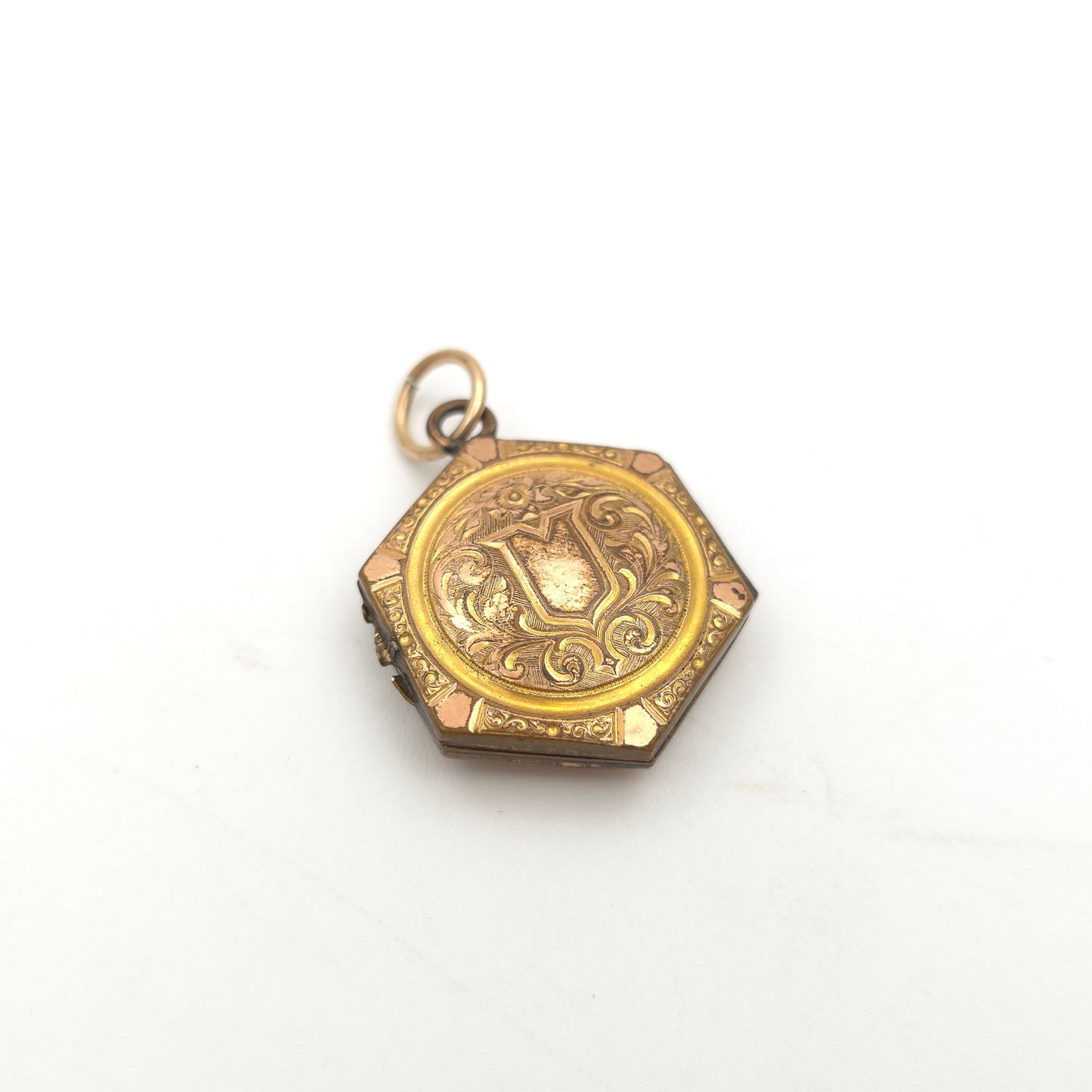 Rolled Gold Antique Hexagonal Shield And Scrolling Engraved Patterned Locket