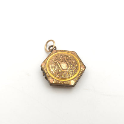 Rolled Gold Antique Hexagonal Shield And Scrolling Engraved Patterned Locket