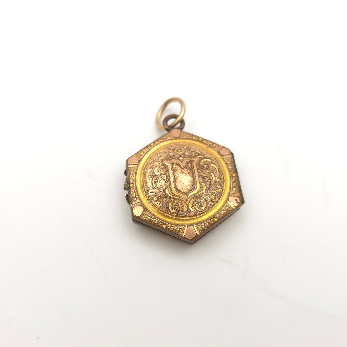 Rolled Gold Antique Hexagonal Shield And Scrolling Engraved Patterned Locket