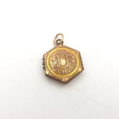 Rolled Gold Antique Hexagonal Shield And Scrolling Engraved Patterned Locket