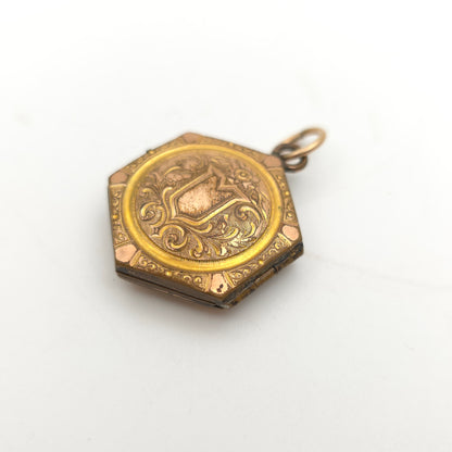 Rolled Gold Antique Hexagonal Shield And Scrolling Engraved Patterned Locket