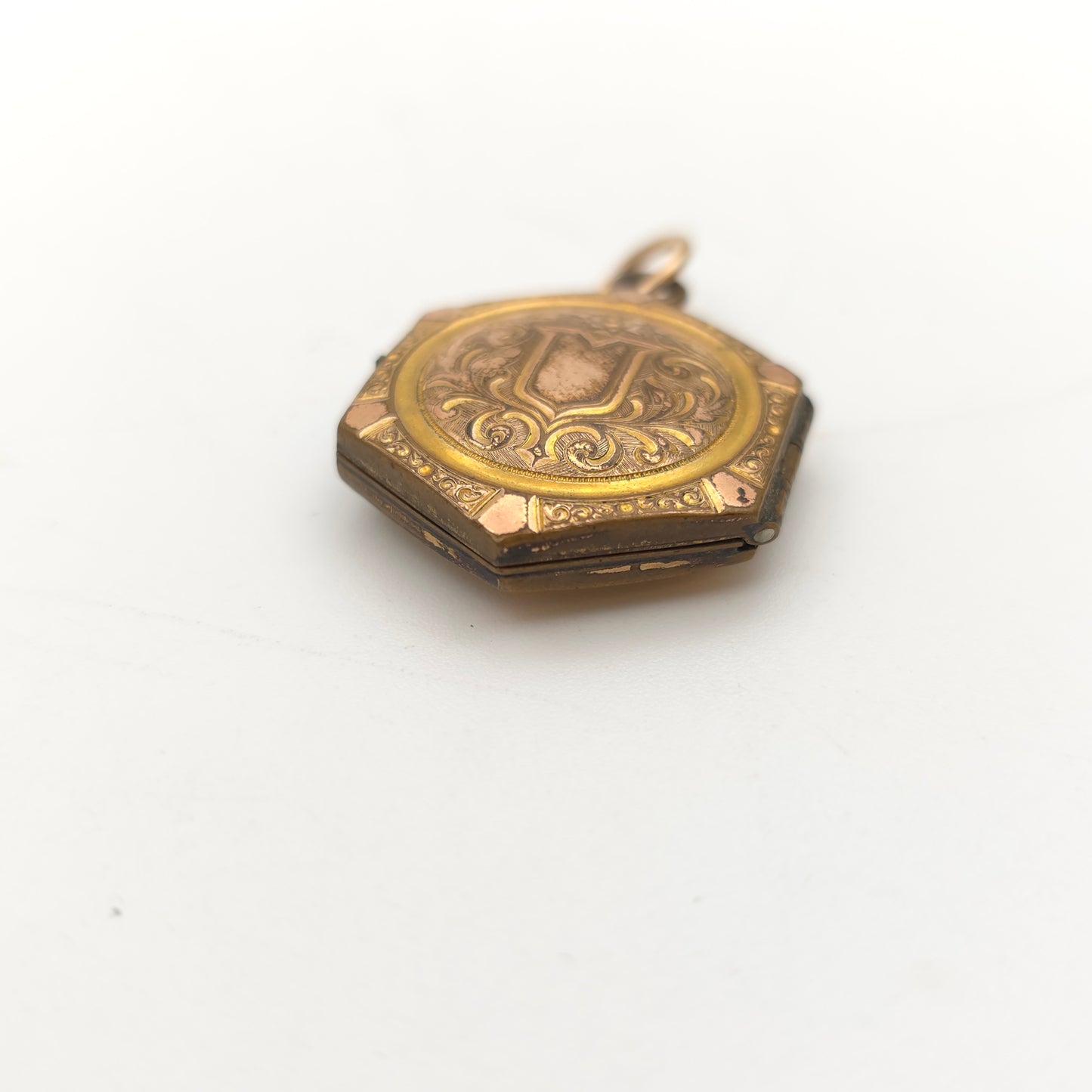 Rolled Gold Antique Hexagonal Shield And Scrolling Engraved Patterned Locket