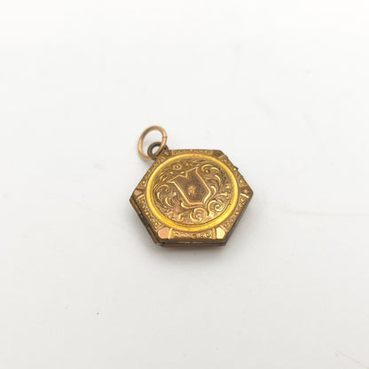 Rolled Gold Antique Hexagonal Shield And Scrolling Engraved Patterned Locket