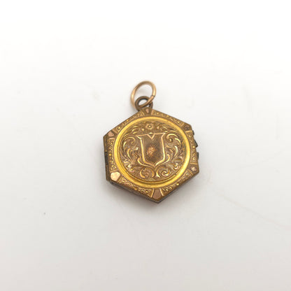 Rolled Gold Antique Hexagonal Shield And Scrolling Engraved Patterned Locket