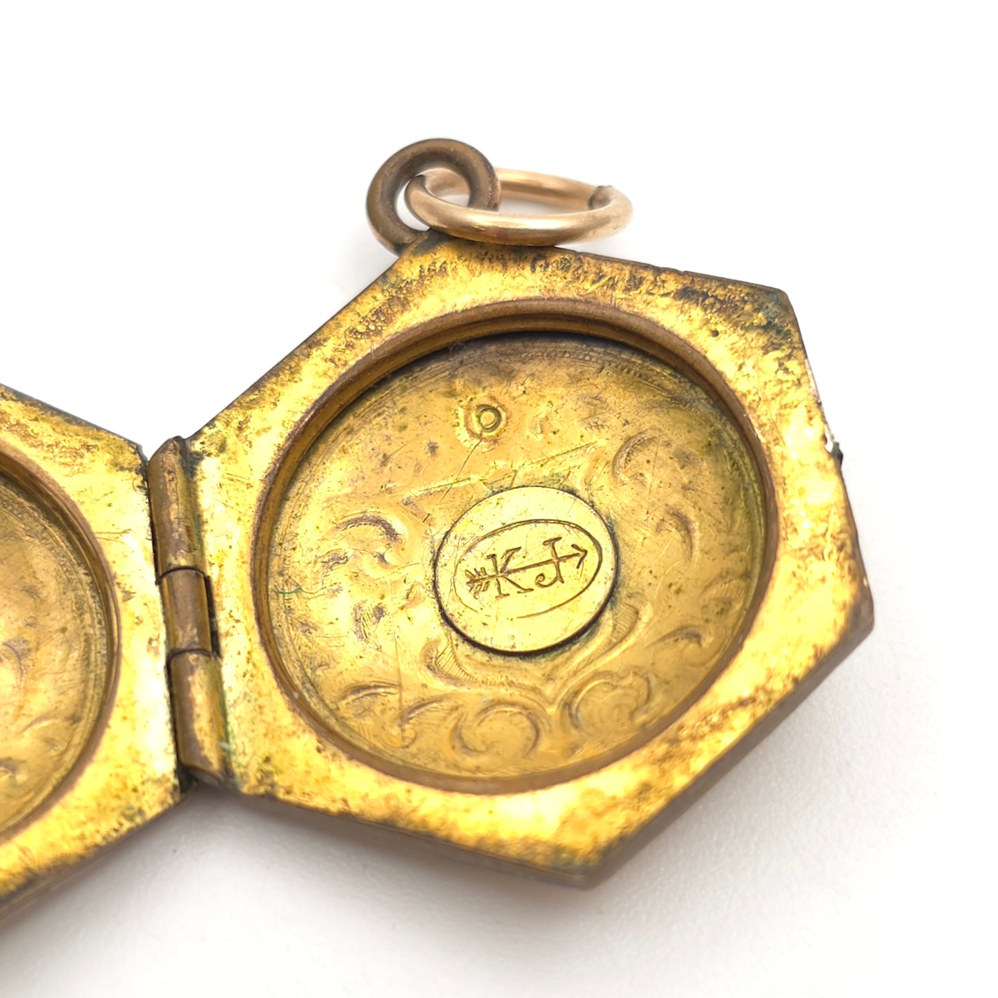 Rolled Gold Antique Hexagonal Shield And Scrolling Engraved Patterned Locket