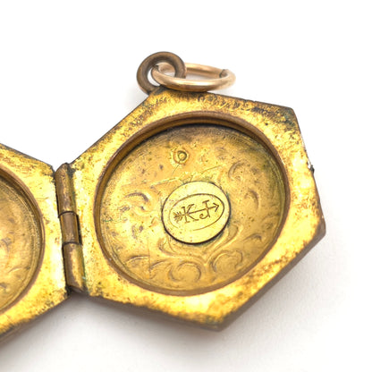 Rolled Gold Antique Hexagonal Shield And Scrolling Engraved Patterned Locket