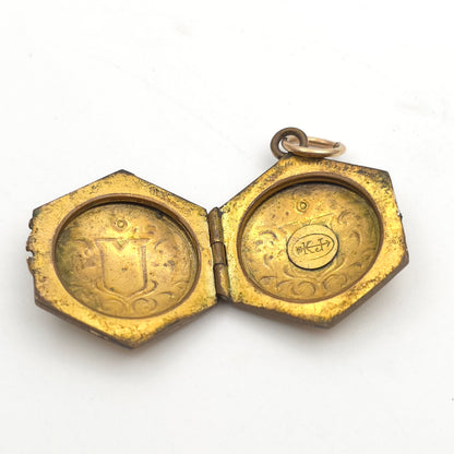Rolled Gold Antique Hexagonal Shield And Scrolling Engraved Patterned Locket