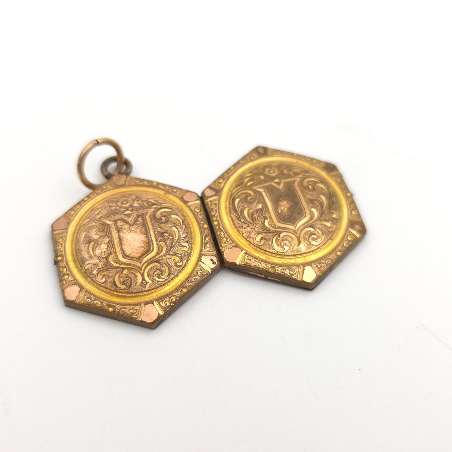 Rolled Gold Antique Hexagonal Shield And Scrolling Engraved Patterned Locket