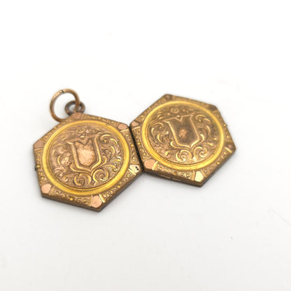 Rolled Gold Antique Hexagonal Shield And Scrolling Engraved Patterned Locket