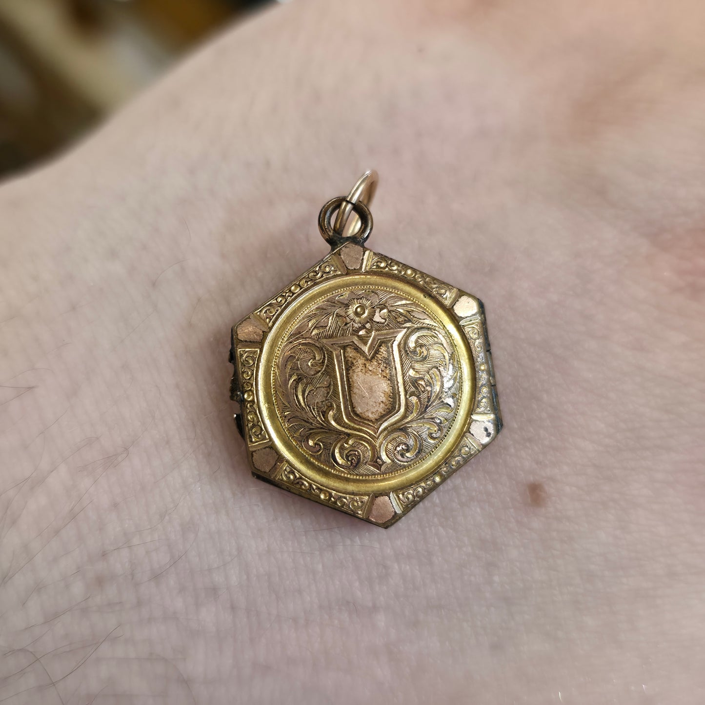 Rolled Gold Antique Hexagonal Shield And Scrolling Engraved Patterned Locket