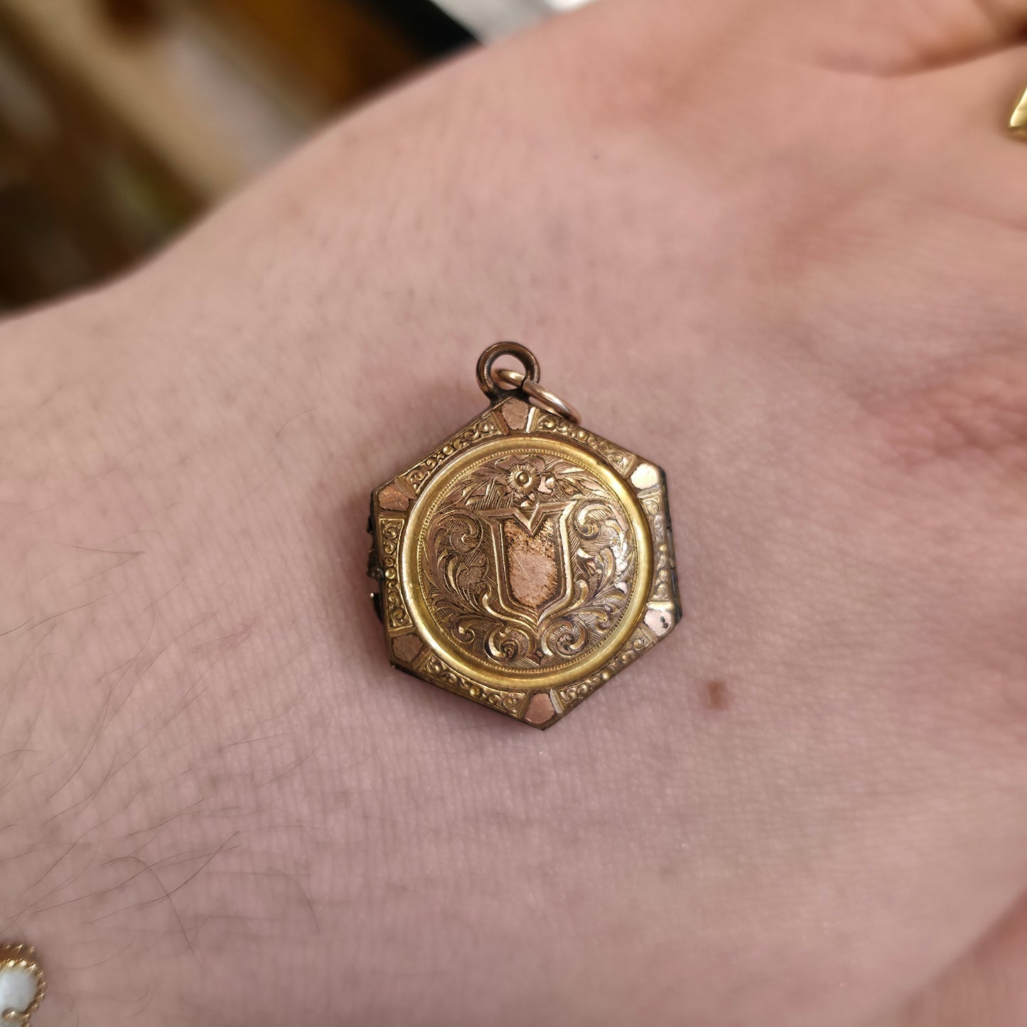 Rolled Gold Antique Hexagonal Shield And Scrolling Engraved Patterned Locket