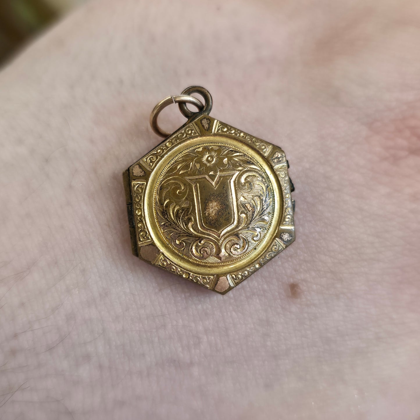 Rolled Gold Antique Hexagonal Shield And Scrolling Engraved Patterned Locket