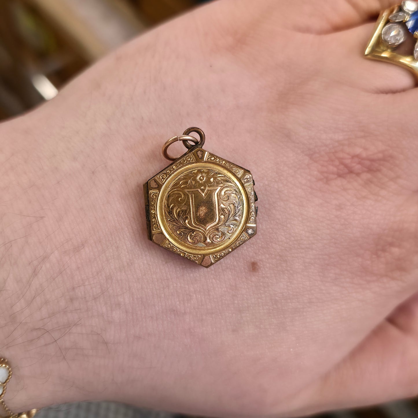 Rolled Gold Antique Hexagonal Shield And Scrolling Engraved Patterned Locket