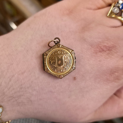 Rolled Gold Antique Hexagonal Shield And Scrolling Engraved Patterned Locket