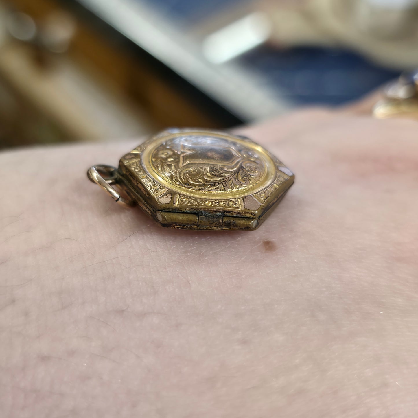 Rolled Gold Antique Hexagonal Shield And Scrolling Engraved Patterned Locket