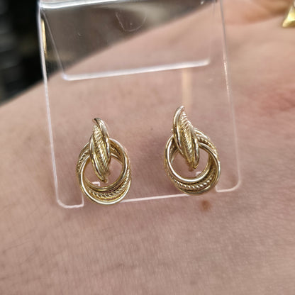 9ct Yellow Gold Vintage Lightweight Mixed Texture Loop Knot Stud Earrings