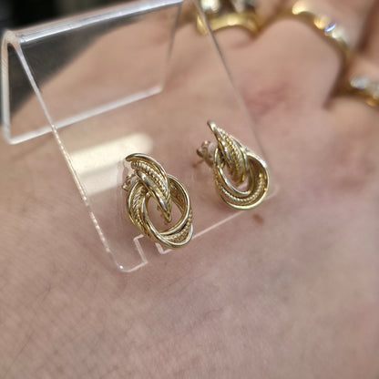 9ct Yellow Gold Vintage Lightweight Mixed Texture Loop Knot Stud Earrings