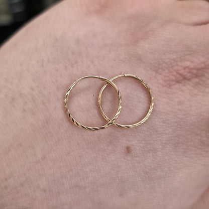 9ct Yellow Gold Traditional Patterned Ridged Sleeper Style Hoop Earrings
