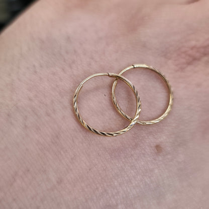 9ct Yellow Gold Traditional Patterned Ridged Sleeper Style Hoop Earrings