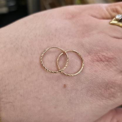 9ct Yellow Gold Traditional Patterned Ridged Sleeper Style Hoop Earrings