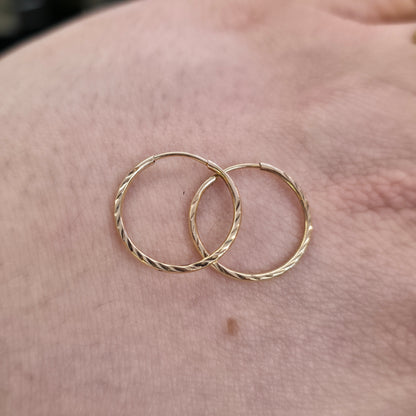 9ct Yellow Gold Traditional Patterned Ridged Sleeper Style Hoop Earrings