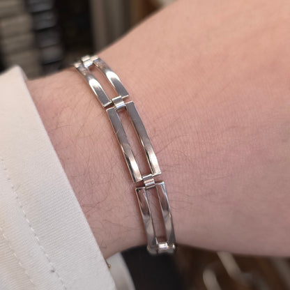 9ct White Gold Openwork Rectangular Link / Two Bar Gate Bracelet