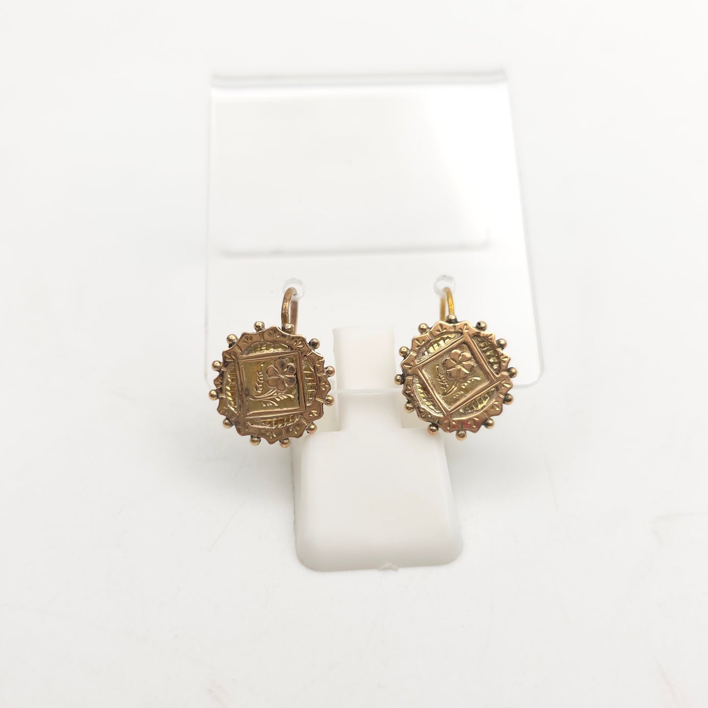 9ct Yellow Gold Antique Floral Engraved Patterned Round Panel Drop Earrings