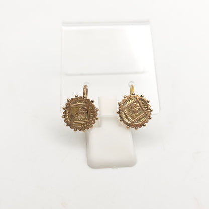 9ct Yellow Gold Antique Floral Engraved Patterned Round Panel Drop Earrings