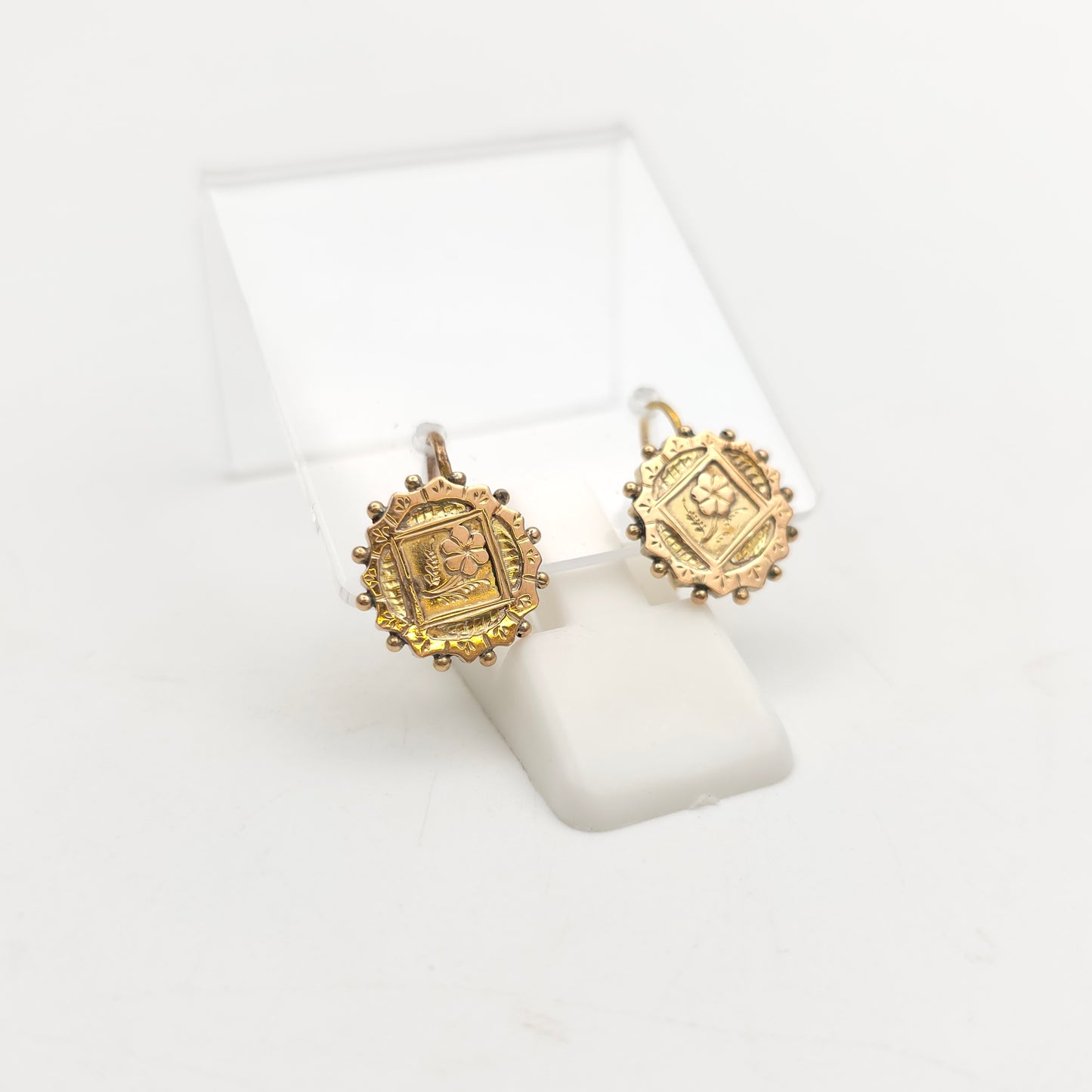 9ct Yellow Gold Antique Floral Engraved Patterned Round Panel Drop Earrings