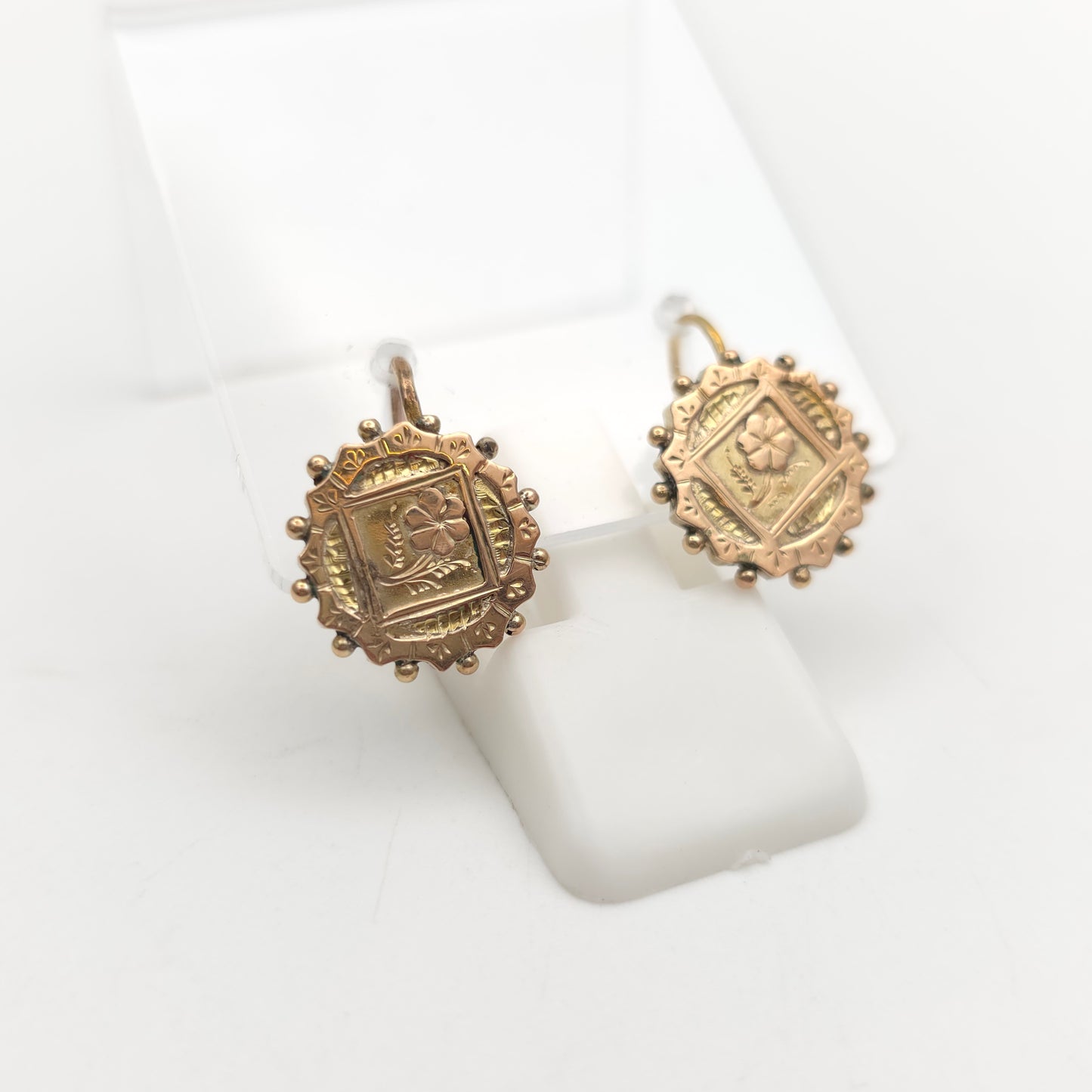 9ct Yellow Gold Antique Floral Engraved Patterned Round Panel Drop Earrings