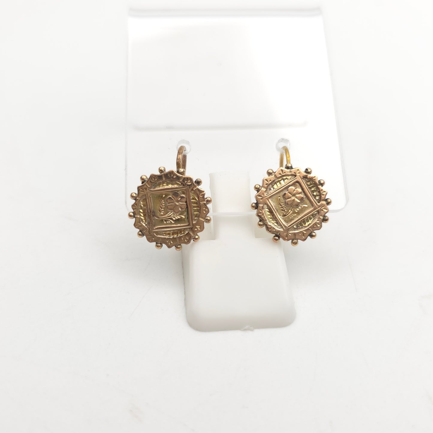 9ct Yellow Gold Antique Floral Engraved Patterned Round Panel Drop Earrings