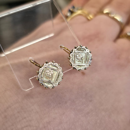 9ct Yellow Gold Antique Floral Engraved Patterned Round Panel Drop Earrings