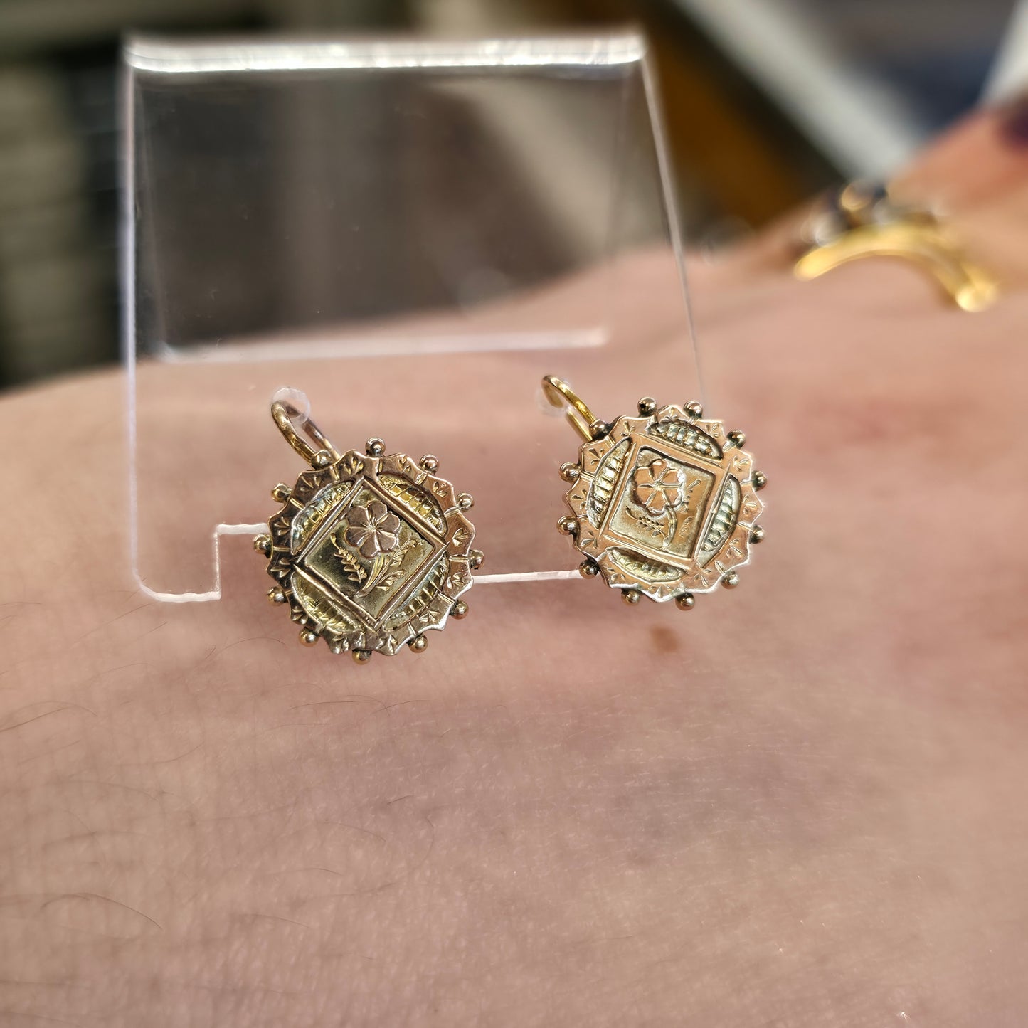 9ct Yellow Gold Antique Floral Engraved Patterned Round Panel Drop Earrings